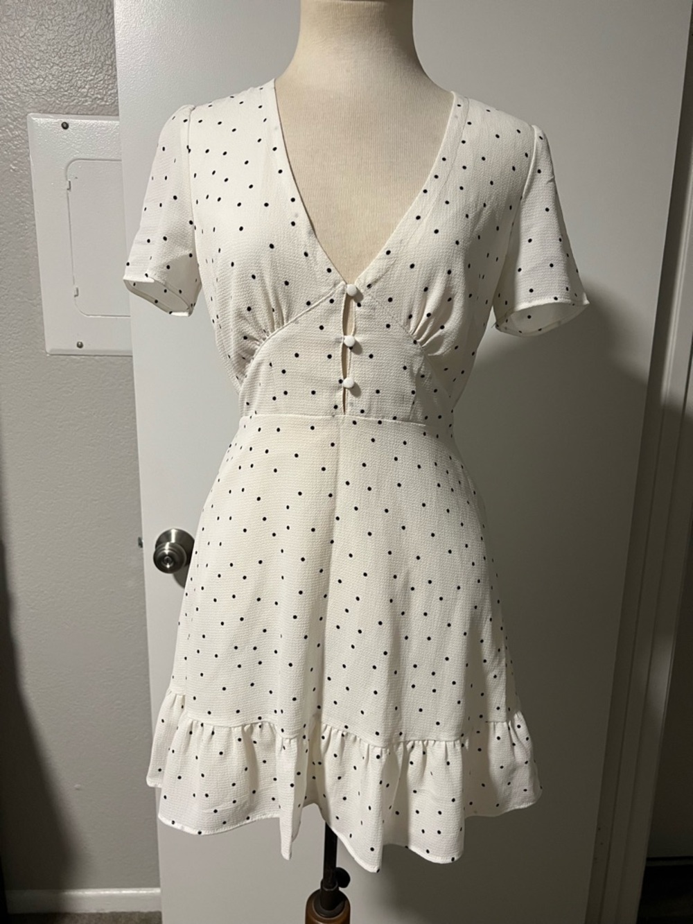 Cage Cream Polka Dot V-Neck Ruffle Mini Dress